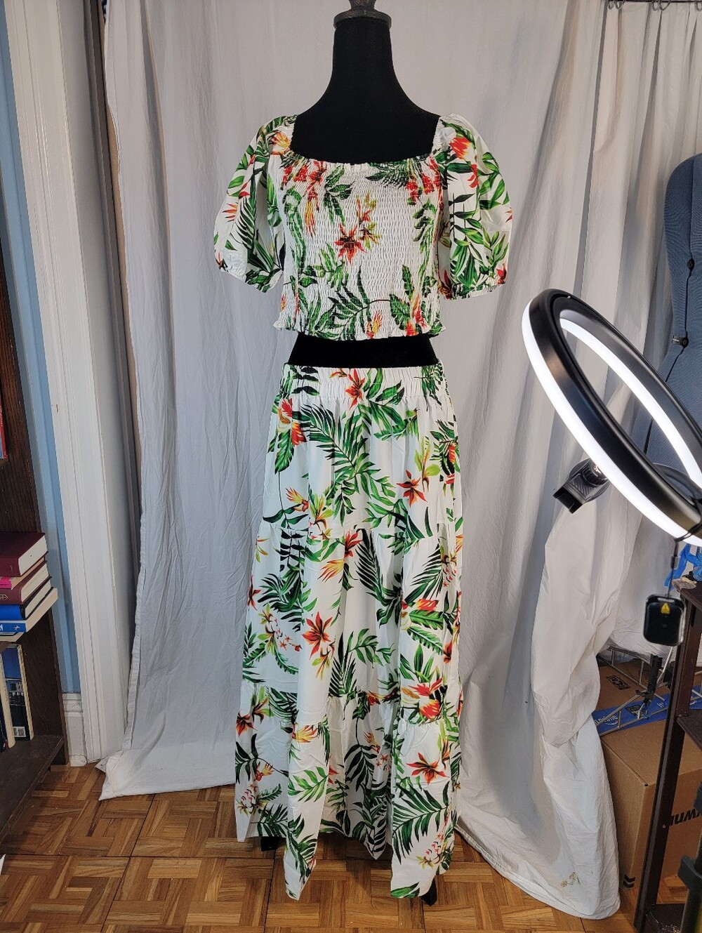Tropical Floral Two-Piece Smocked Crop Top & Maxi Skirt - White Green Floral